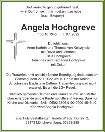 Traueranzeige von Angela Hochgreve von Braunschweiger Zeitung