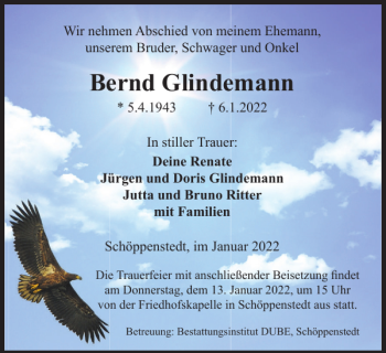 Traueranzeige von Bernd Glindemann von Wolfenbütteler Zeitung
