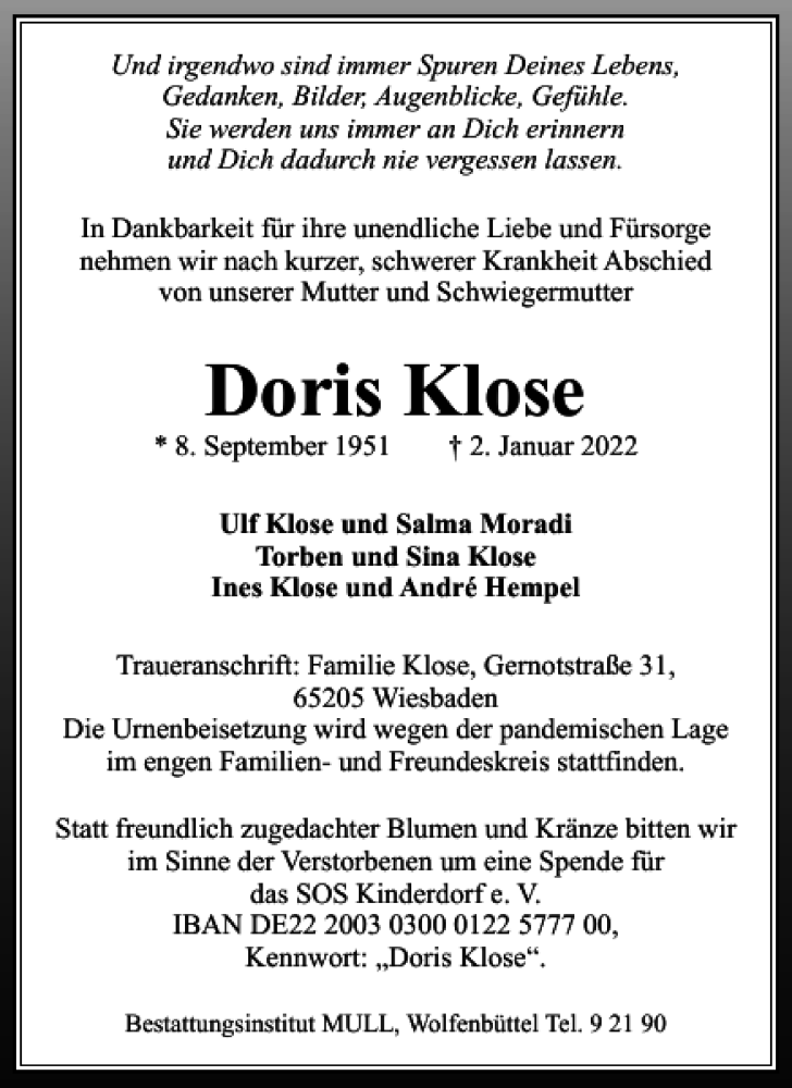  Traueranzeige für Doris Klose vom 07.01.2022 aus Wolfenbütteler Zeitung