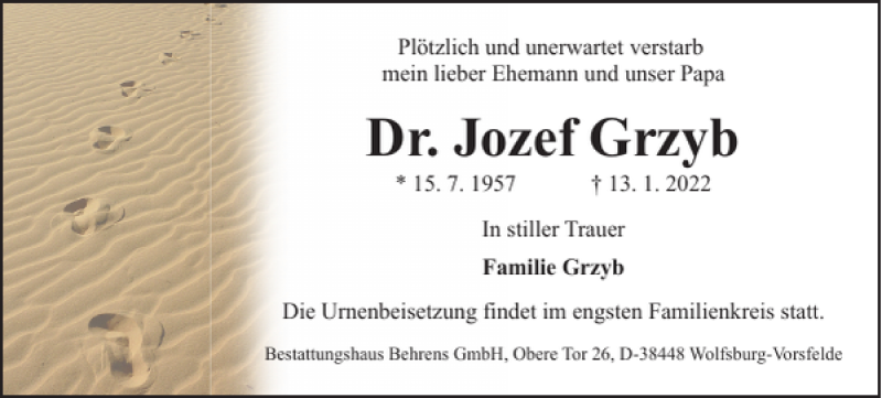  Traueranzeige für Dr. Jozef Grzyb vom 22.01.2022 aus Wolfsburger Nachrichten