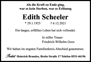 Traueranzeige von Edith Scheeler von Braunschweiger Zeitung