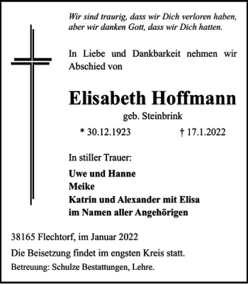 Traueranzeige von Elisabeth Hoffmann von Helmstedter Nachrichten