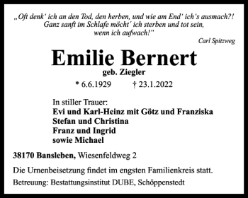Traueranzeige von Emilie Bernert von Braunschweiger Zeitung