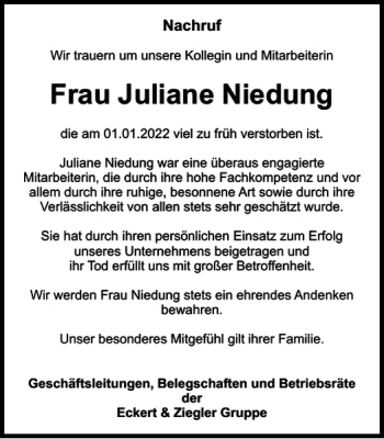 Traueranzeige von Frau Juliane Niedung von Braunschweiger Zeitung