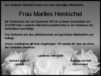Traueranzeige von Frau Marlies Hentschel von Helmstedter Nachrichten