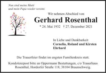 Traueranzeige von Gerhard Rosenthal von Braunschweiger Zeitung