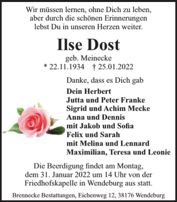 Traueranzeige von Ilse Dost von Braunschweiger Zeitung