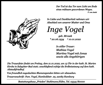 Traueranzeige von Inge Vogel von Salzgitter Zeitung