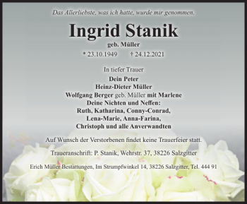 Traueranzeige von Ingrid Stanik von Salzgitter Zeitung