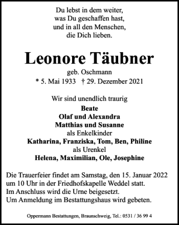 Traueranzeige von Leonore Täubner von Braunschweiger Zeitung