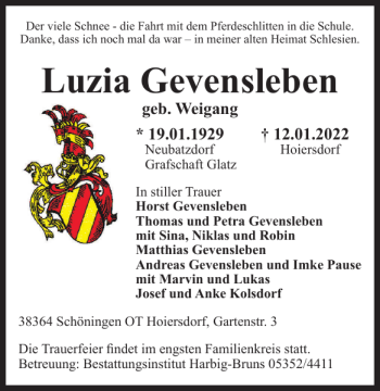 Traueranzeige von Luzia Gevensleben von Helmstedter Nachrichten