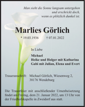Traueranzeige von Marlies Görlich von Peiner Nachrichten