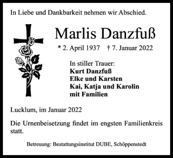 Traueranzeige von Marlis Danzfuß von Wolfenbütteler Zeitung