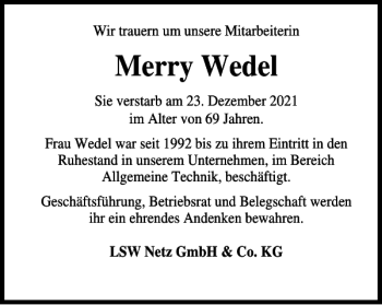 Traueranzeige von Merry Wedel von Wolfsburger Nachrichten