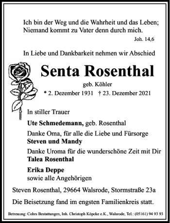 Traueranzeige von Senta Rosenthal von Wolfsburger Nachrichten