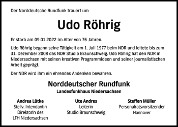 Traueranzeige von Udo Röhrig von Braunschweiger Zeitung