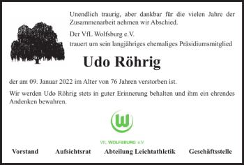 Traueranzeige von Udo Röhrig von Wolfsburger Nachrichten