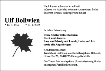 Traueranzeige von Ulf Bollwien von Wolfsburger Nachrichten