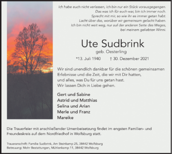 Traueranzeige von Ute Sudbrink von Wolfsburger Nachrichten