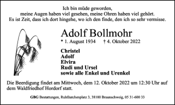 Traueranzeige von Adolf Bollmohr von Braunschweiger Zeitung