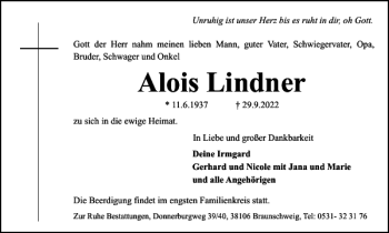 Traueranzeige von Alois Lindner von Braunschweiger Zeitung