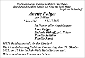 Traueranzeige von Anette Folger von Salzgitter Zeitung