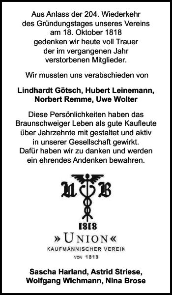 Traueranzeige von Anlass der Wiederkehr von Braunschweiger Zeitung
