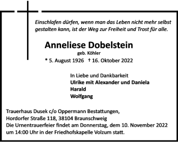 Traueranzeige von Anneliese Dobelstein von Braunschweiger Zeitung