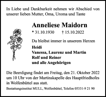 Traueranzeige von Anneliese Maidorn von Wolfenbütteler Zeitung
