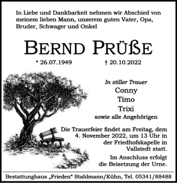 Traueranzeige von BERND PRÜ ßE von Peiner Nachrichten