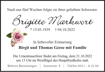 Traueranzeige von Brigitte Markwort von Braunschweiger Zeitung