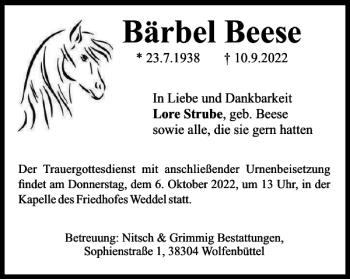 Traueranzeige von Bärbel Beese von Wolfenbütteler Zeitung