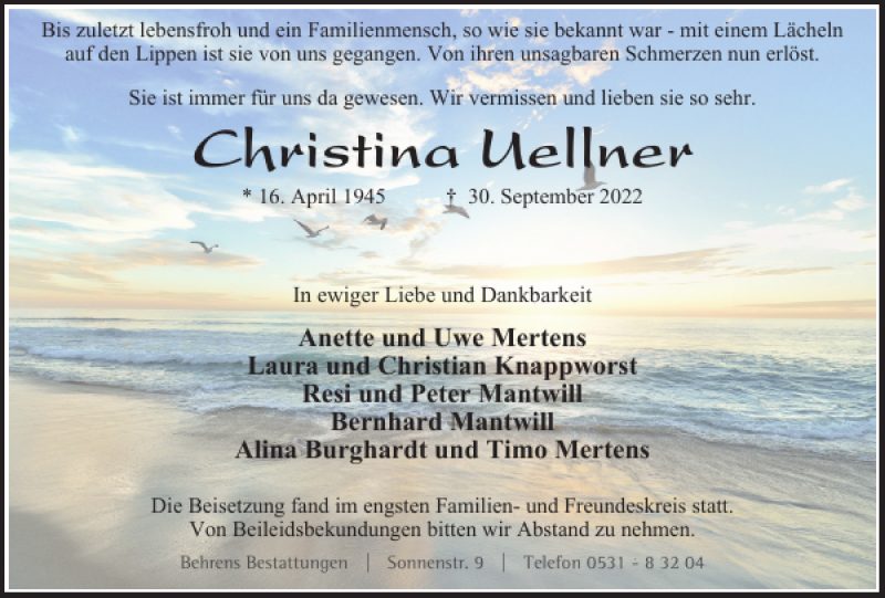  Traueranzeige für Christina Uellner vom 15.10.2022 aus Helmstedter Nachrichten