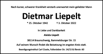 Traueranzeige von Dietmar Liepelt von Braunschweiger Zeitung