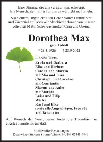 Traueranzeige von Dorothea Max von Salzgitter Zeitung