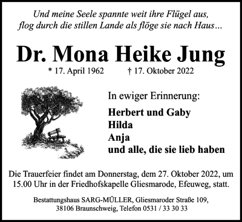  Traueranzeige für Dr. Mona Heike Jung vom 22.10.2022 aus Braunschweiger Zeitung