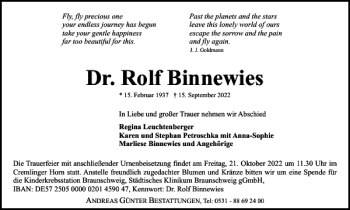 Traueranzeige von Dr. Rolf Binnewies von Braunschweiger Zeitung