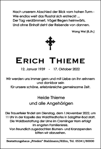 Traueranzeige von ERICH THIEME von Salzgitter Zeitung