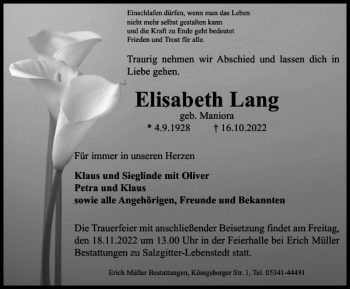 Traueranzeige von Elisabeth Lang von Salzgitter Zeitung