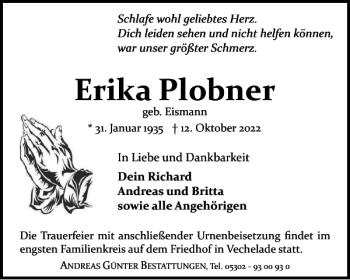 Traueranzeige von Erika Plobner von Braunschweiger Zeitung