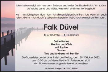 Traueranzeige von Falk Düvel von Wolfsburger Nachrichten