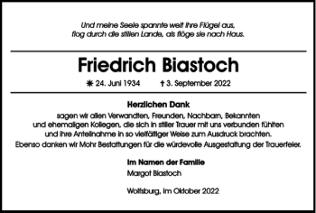 Traueranzeige von Friedrich Biastoch von Wolfsburger Nachrichten