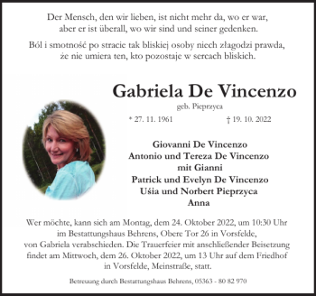 Traueranzeige von Gabriela De Vincenzo von Wolfsburger Nachrichten