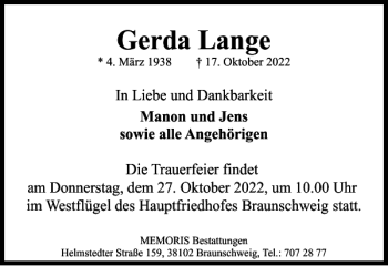 Traueranzeige von Gerda Lange von Braunschweiger Zeitung