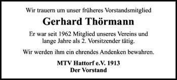 Traueranzeige von Gerhard Thörmann von Wolfsburger Nachrichten
