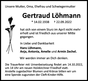 Traueranzeige von Gertraud Löhmann von Wolfsburger Nachrichten
