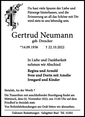 Traueranzeige von Gertrud Neumann von Salzgitter Zeitung
