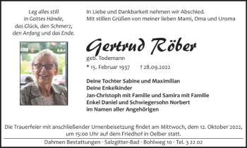 Traueranzeige von Gertrud Röber von Salzgitter Zeitung