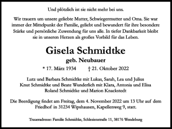 Traueranzeige von Gisela Schmidtke von Peiner Nachrichten