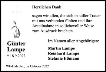 Traueranzeige von Günter Lampe von Wolfenbütteler Zeitung